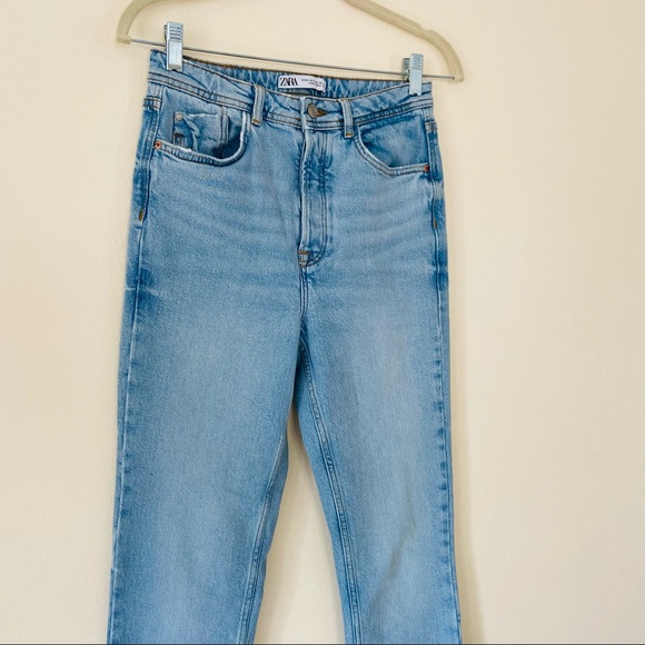 Zara high waisted blue front slits straight leg denim full length jeans - Picture 12 of 15